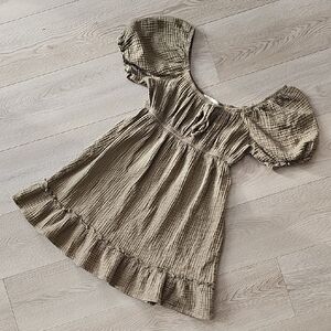 Row.A Milk Maid Peasant Off Shoulder Olive Green Muslin Cotton Mini Dress, Med